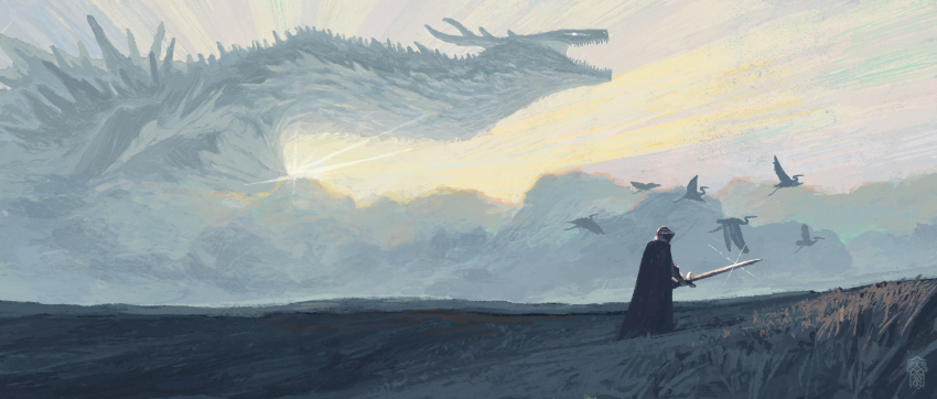 1other armor bird black_cloak cloak commentary_request dragon fantasy full_armor giant giant_monster highres holding holding_sword holding_weapon knight monster original scenery sunset sword taiyakiki-5687 weapon western_dragon