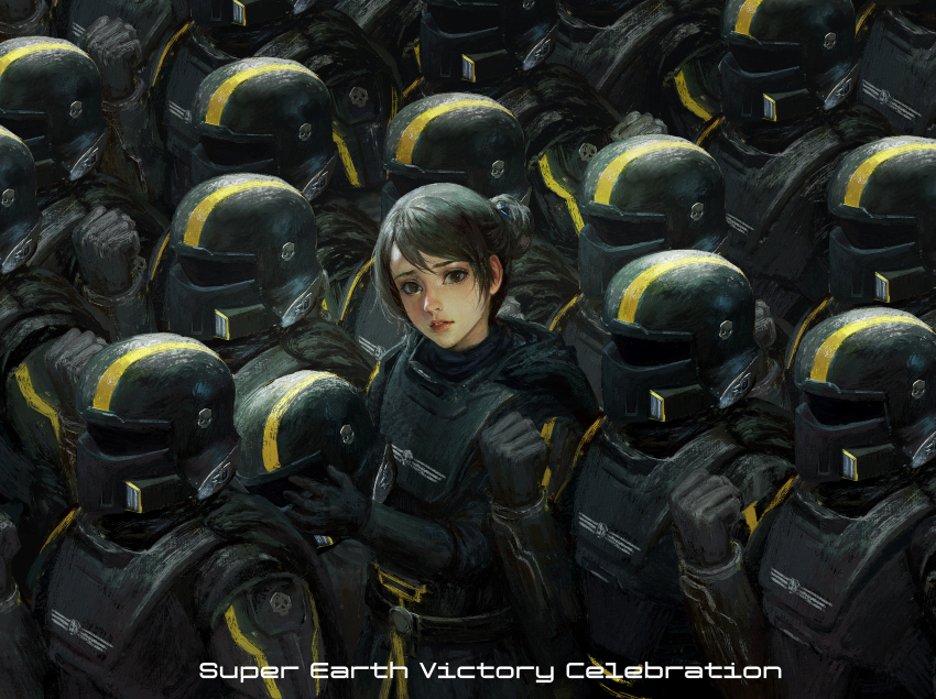 1girl 6+others armor army assault_visor black_cape black_gloves black_hair black_visor breastplate brown_eyes cape clenched_hand commentary english_commentary english_text gloves hair_bun helldiver_(helldivers) helldivers_(series) helmet highres holding holding_helmet looking_at_viewer multiple_others odd_one_out salute short_hair single_hair_bun solo_focus unworn_headwear unworn_helmet xianggang_jizhe