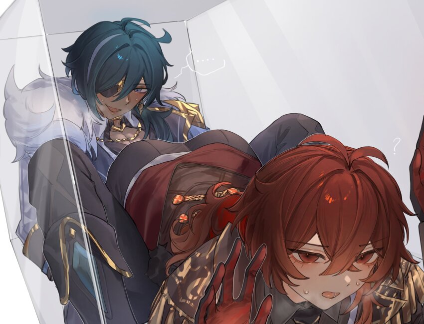 ... 2boys ass blue_hair box dark-skinned_male dark_skin diluc_(genshin_impact) eyepatch genshin_impact gloves hair_between_eyes highres in_box in_container inseki kaeya_(genshin_impact) long_hair looking_at_ass male_focus multiple_boys open_mouth red_eyes red_hair spoken_ellipsis trapped yaoi zehuij