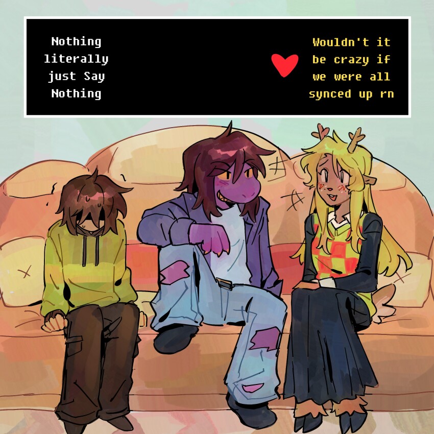 1other 2girls absurdres antlers arm_on_knee black_skirt blonde_hair blue_pants brown_hair brown_pants checkered_clothes checkered_vest colored_sclera commentary couch deer_antlers deer_tail deltarune dialogue_options english_commentary english_text furry furry_female goomyloid green_shirt heart highres hood hoodie horns jacket knee_up kris_(deltarune) long_hair long_skirt multiple_girls noelle_holiday on_couch pants purple_jacket shirt short_hair sitting skirt smile striped_clothes striped_shirt susie_(deltarune) tail torn_clothes torn_pants trembling vest white_shirt yellow_sclera