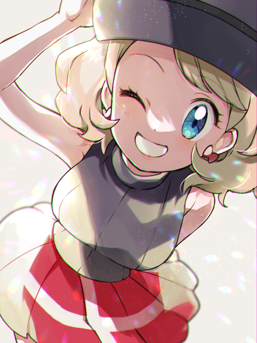 1girl arm_up bare_arms blonde_hair blue_eyes breasts commentary_request earrings eyelashes grey_hat grey_vest grin hat highres jewelry leaning_forward looking_at_viewer nintendo one_eye_closed pleated_skirt pokemon pokemon_(anime) pokemon_journeys pokemon_swsh105 red_skirt sasairebun serena_(pokemon) short_hair skirt smile solo sweater_vest vest