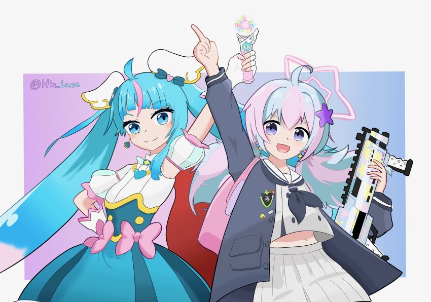 2girls :d absurdres ahoge arm_up armpits asymmetrical_bangs backpack bad_tag bag beads black_jacket black_neckerchief blue_archive blue_background blue_bow blue_dress blue_eyes blue_hair blush border bow brooch bullpup buttons cape closed_mouth commentary cowboy_shot crop_top crossover cure_sky cut_bangs detached_sleeves diagonal_bangs double-barreled_shotgun double-breasted double-parted_bangs dress dress_bow earrings fingerless_gloves gloves gradient_background gradient_hair grey_serafuku grey_shirt grey_skirt gun hair_beads hair_between_eyes hair_bow hair_ornament halo hand_on_own_hip highres hio_luca hirogaru_sky!_precure holding holding_gun holding_weapon index_finger_raised jacket jewelry long_hair long_sleeves looking_at_viewer magical_girl medium_dress midriff multicolored_hair multiple_girls navel neckerchief open_clothes open_jacket open_mouth outside_border pink_background pink_bag pink_bow pink_hair pink_halo pocket precure puffy_detached_sleeves puffy_sleeves purple_eyes red_cape reisa_(blue_archive) sailor_collar sailor_shirt school_uniform serafuku shirt shotgun single_bare_shoulder single_earring single_hair_streak single_sidelock skirt sky_mirage sleeveless sleeveless_dress smile smiley_face sora_harewataru split_mouth standard_manufacturing_dp-12 star_(symbol) star_hair_ornament star_halo streaked_hair twintails twitter_username two-tone_background two-tone_dress two-tone_hair very_long_hair weapon white_border white_dress white_gloves white_sailor_collar wing_brooch wing_hair_ornament