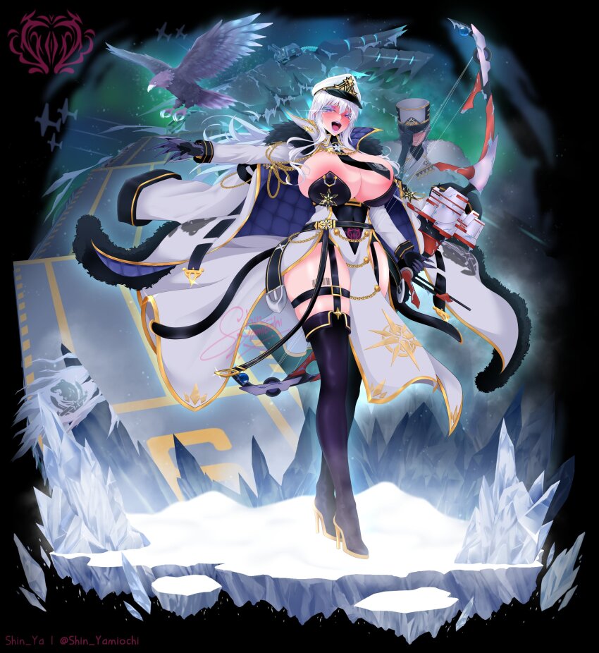 2girls absurdres alternate_costume angry areola_slip azur_lane barcode bird blush boots breasts claws cleavage corruption eagle emblem enterprise_(azur_lane) fur_trim glacier gloves hair_between_eyes hat highres huge_breasts ice insignia jacket jacket_on_shoulders knee_boots lipstick long_hair looking_at_viewer makeup military military_hat military_uniform multiple_girls netorare night night_sky northern_parliament_(emblem) pubic_tattoo purple_eyes reference_sheet shin_yamiochi sky smile snow tattoo thick_thighs thighhighs thighs valentina_(nuclear-il2) white_hair wide_hips