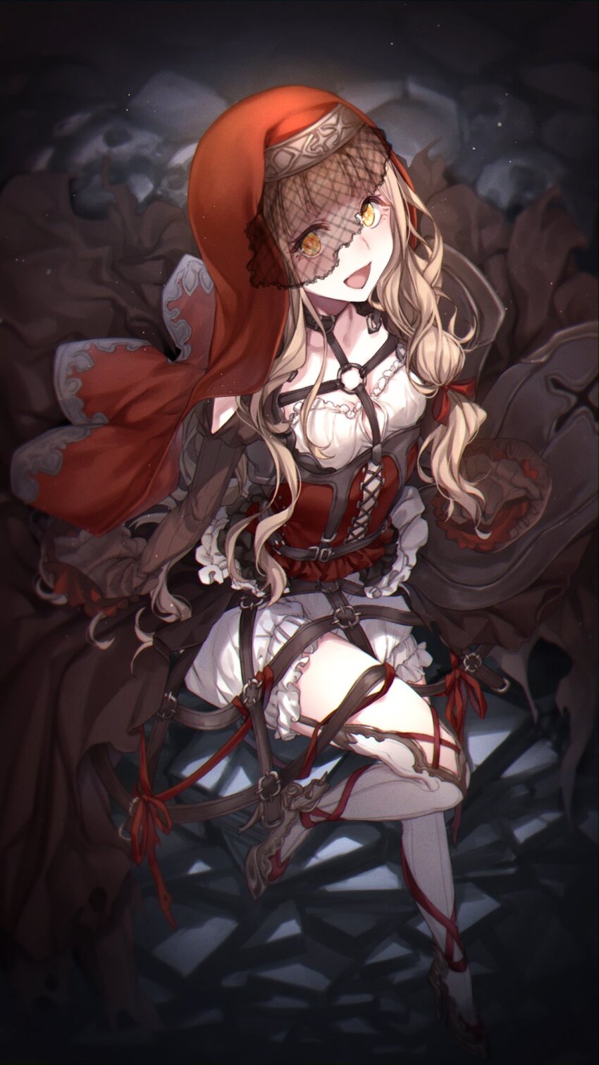 1girl bad_id bad_twitter_id blonde_hair bloomers blunt_bangs buckle chest_harness choker commission corset dress goth_fashion hair_ribbon harness high_heels highres hoop_skirt long_hair long_sleeves looking_at_viewer orange_eyes red_corset red_ribbon red_riding_hood_(sinoalice) ribbon sidelocks sinoalice sitting skeb_commission solo symbol-shaped_pupils teroru thighhighs underwear veil wavy_hair white_bloomers