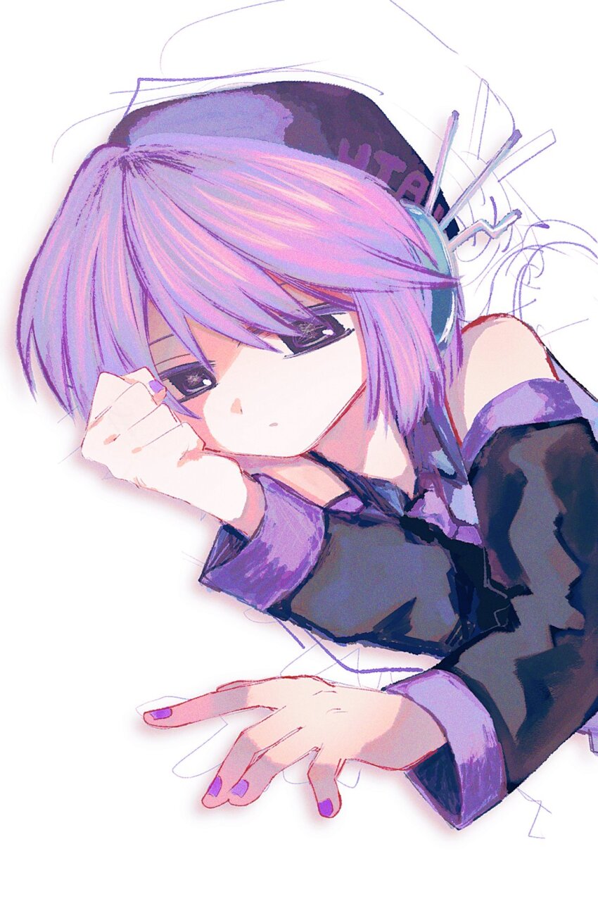 1girl \||/ bare_shoulders beret black_hat black_shirt black_sleeves clenched_hand collared_shirt commentary expressionless half-closed_eyes hat highres kajuu_(maimai_maimaa) looking_at_viewer loose_necktie lying necktie on_side outline parted_lips popped_collar purple_eyes purple_hair purple_nails rem_(utau) robot_ears shirt short_hair simple_background sleeveless sleeveless_shirt solo upper_body utane_uta utau