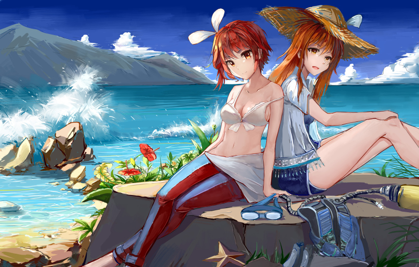 absurdres barefoot bikini blue_sky bodysuit brown_hair closed_mouth collarbone crossed_ankles diving_regulator diving_suit flower goggles grand_blue hair_between_eyes hat highres knees_up kotegawa_chisa kotegawa_nanaka long_hair looking_at_viewer ocean on_rock open_clothes open_mouth open_shirt open_wetsuit outdoors oxygen_tank rock shirt short_hair siblings sisters sitting sky smile starfish strap_slip straw_hat sun_hat swim_goggles swimsuit waves waving wetsuit white_bikini white_shirt yuxia_(please6)