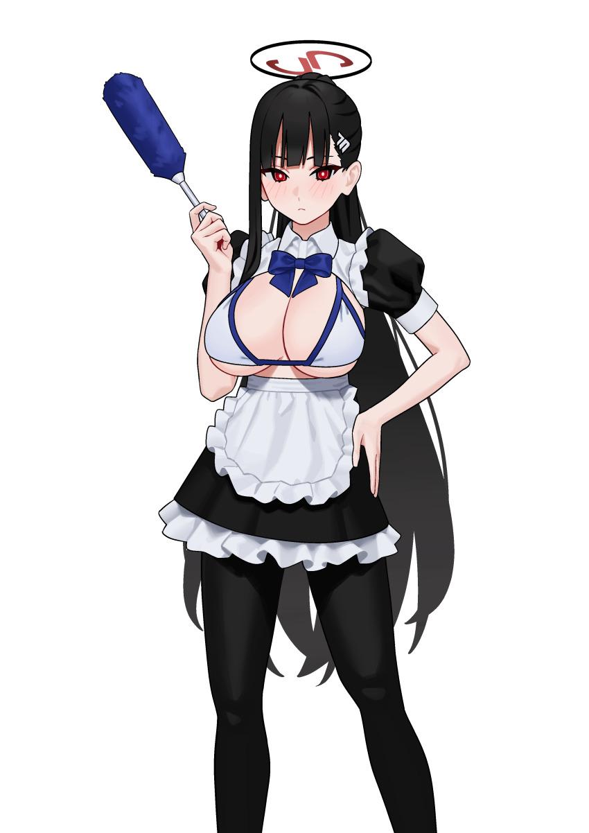 1girl absurdres apron bikini black_dress black_hair black_pantyhose blue_archive breasts breasts_out closed_mouth commentary_request cowboy_shot cutout dress fffukuzawa hair_ornament halo highres holding large_breasts long_hair looking_at_viewer maid maid_apron pantyhose ponytail puffy_short_sleeves puffy_sleeves red_eyes rio_(blue_archive) short_sleeves solo standing swimsuit white_bikini