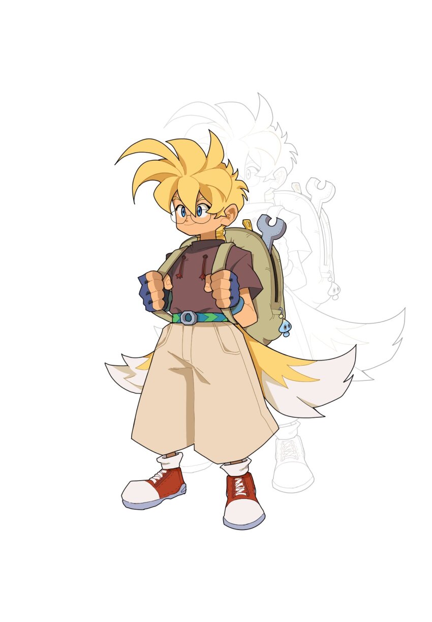 1boy backpack bag baggy_pants big_hair blonde_hair blue_eyes brown_shirt character_charm charm_(object) colored_tips converse fingerless_gloves glasses gloves hands_up highres holding_strap humanization long_hair low_twintails male_focus monochrome_background multicolored_hair pants red_shoes shirt shoes short_sleeves simple_background solo sonic_(series) standing tails_(sonic) twintails two-tone_hair very_long_hair white_background white_hair wrench yaaflin zoom_layer
