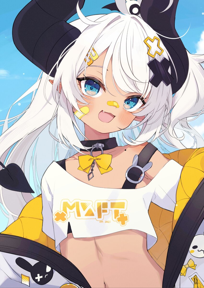 1girl ahoge asagawa_mikan asagawa_mikan_(peachy_michi) bat_wings blue_eyes blush crossed_legs demon_girl demon_horns dolphin_shorts fang hair_ornament highres horns long_hair looking_at_viewer mole mole_on_shoulder off-shoulder_shirt off_shoulder open_mouth original oversized_clothes oversized_shirt pointy_ears shirt short_hair shorts sitting skin_fang smile solo virtual_youtuber white_background white_hair white_shirt wings