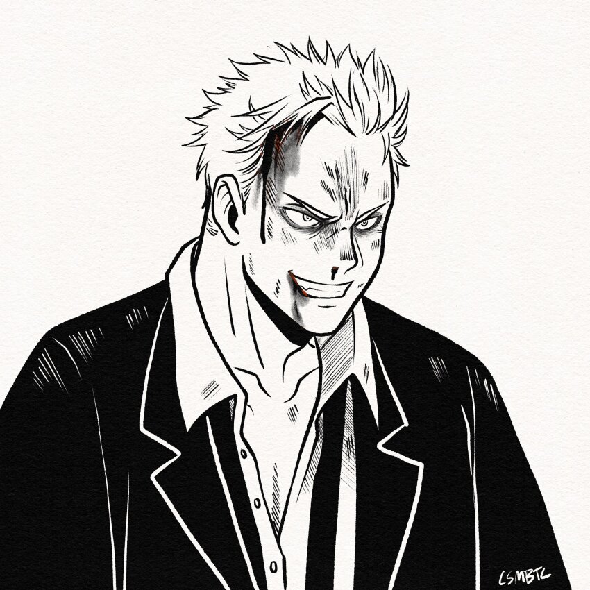 1boy blood bruise bruise_on_face buttons collarbone csmbtc dorohedoro greyscale grin highres injury inktober jacket long_sleeves looking_ahead male_focus monochrome shin_(dorohedoro) short_hair signature simple_background smile solo upper_body white_background