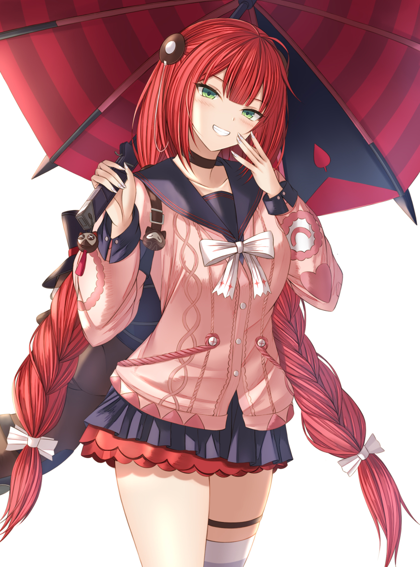 1girl ahoge black_choker black_sailor_collar blunt_bangs blush bow bowtie braided_twintails choker collarbone eyebrows_hidden_by_hair eyes_visible_through_hair green_eyes hair_bow hair_ornament highres holding holding_umbrella kanpyou_(hghgkenfany) long_hair low-tied_long_hair low_twintails miniskirt raccoon_tail red_hair red_umbrella sailor_collar school_uniform single_thighhigh skirt smile solo standing tail teeth thigh_strap thighhighs thighs twintails ukinami_yuzuha umbrella very_long_hair white_bow white_bowtie white_thighhighs zenless_zone_zero