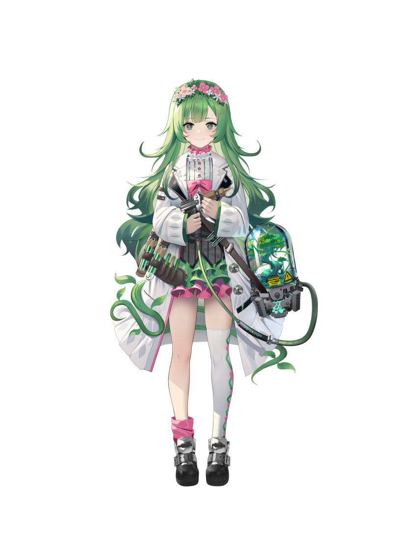 1girl absurdres bell_jar black_shoes bonsai closed_mouth coat cross-shaped_pupils echoes_of_vision flower frilled_skirt frills full_body green_eyes green_hair green_skirt hair_flower hair_ornament highres holding holding_water_gun layered_skirt long_hair looking_at_viewer loose_socks maia_(echoes_of_vision) miniskirt official_art pink_flower pink_pupils pink_socks plant shirt shoes single_sock single_thighhigh skirt smile socks solo standing symbol-shaped_pupils tachi-e test_tube thighhighs transparent_background very_long_hair vines water_gun white_coat white_shirt white_thighhighs