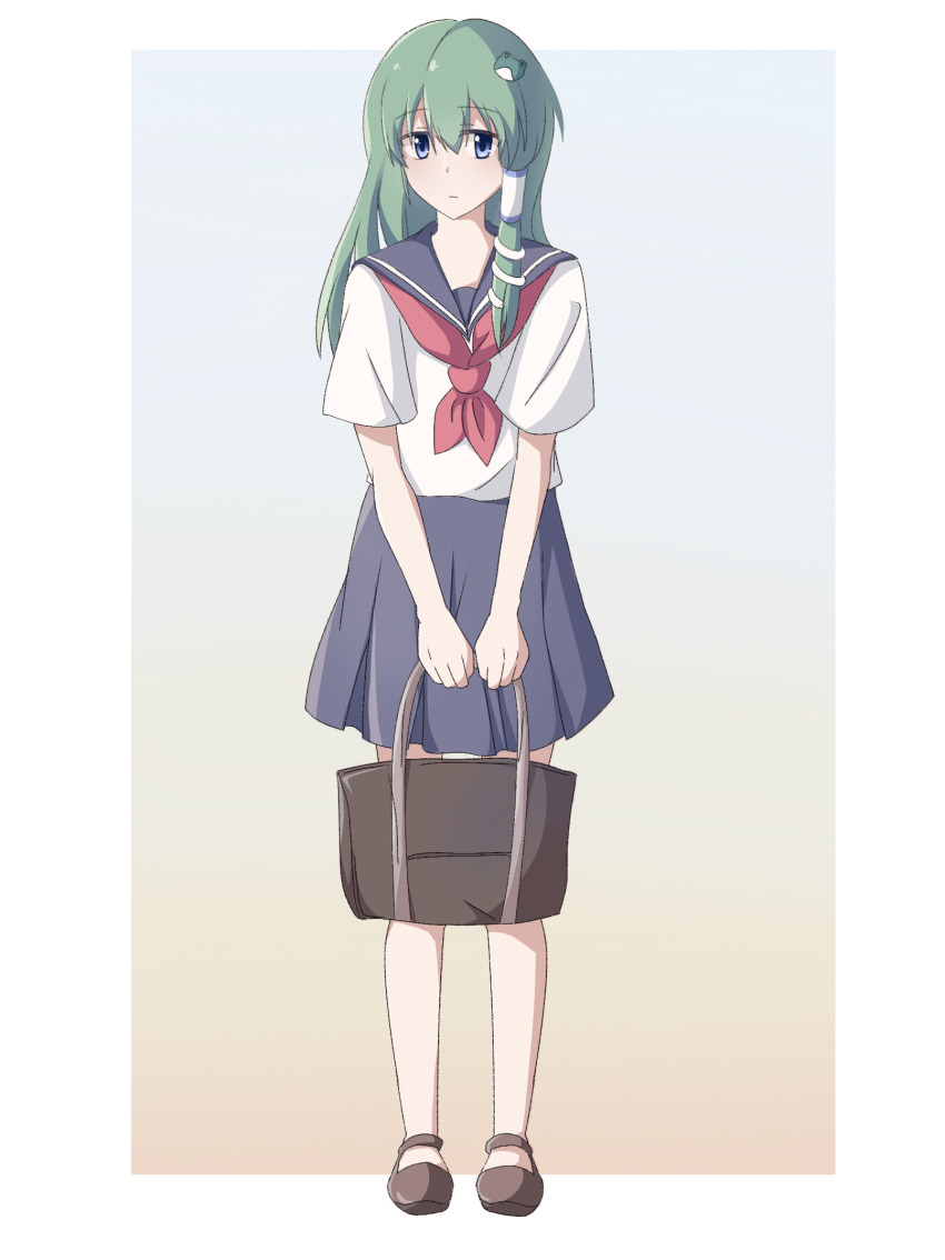1girl :/ alternate_costume bag blue_eyes blue_sailor_collar blue_skirt border brown_bag brown_shoes collared_shirt dot_nose double-parted_bangs facing_viewer frog_hair_ornament full_body gradient_background green_hair hair_ornament hair_tubes highres holding holding_bag kochiya_sanae loafers long_hair looking_at_viewer neckerchief pleated_skirt red_neckerchief sailor_collar sanqianzq school_uniform serafuku shirt shoes short_sleeves simple_background single_hair_tube single_sidelock skirt skirt_set snake_hair_ornament solo touhou wide_sleeves