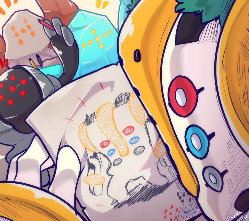arm_up boo_rad13y colored_pencil drawing_(object) game_freak gen_3_pokemon gen_4_pokemon highres holding holding_paper holding_pencil legendary_pokemon nintendo no_humans paper pencil pokemon pokemon_(creature) regice regigigas regirock registeel simple_background