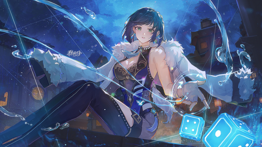 1girl aqua_eyes bare_shoulders black_pants blue_dress blue_hair breasts cleavage commentary_request dice dress feet_out_of_frame genshin_impact highres kongmingbubu leggings looking_at_viewer medium_breasts night night_sky outdoors pants parted_lips short_hair sitting sky sleeveless sleeveless_dress solo yelan_(genshin_impact)