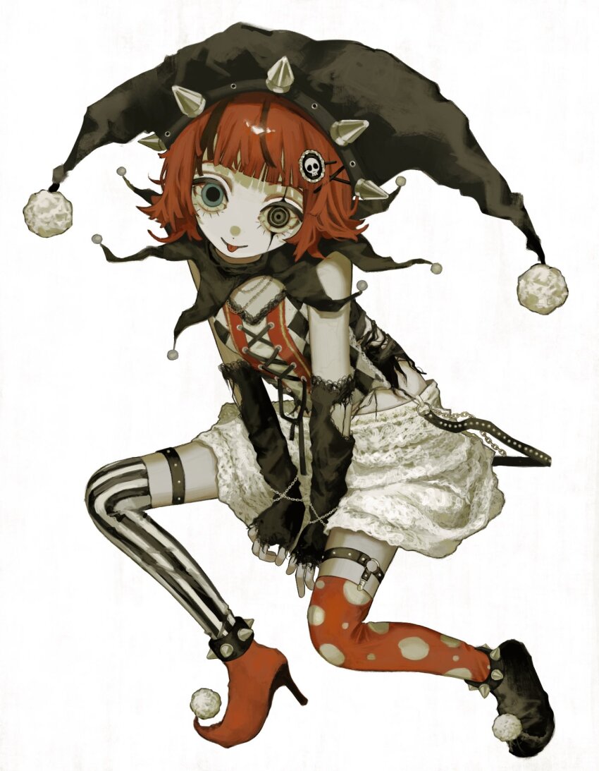 1girl :p baggy_shorts black_hair black_hat black_sleeves blue_eyes colored_skin commentary detached_sleeves dot_nose english_commentary full_body hair_ornament hat highres isa_(31q_13) jester jester_cap looking_at_viewer mismatched_irises multicolored_hair original red_hair short_hair shorts simple_background solo streaked_hair tongue tongue_out two-tone_hair white_background white_shorts white_skin x_hair_ornament