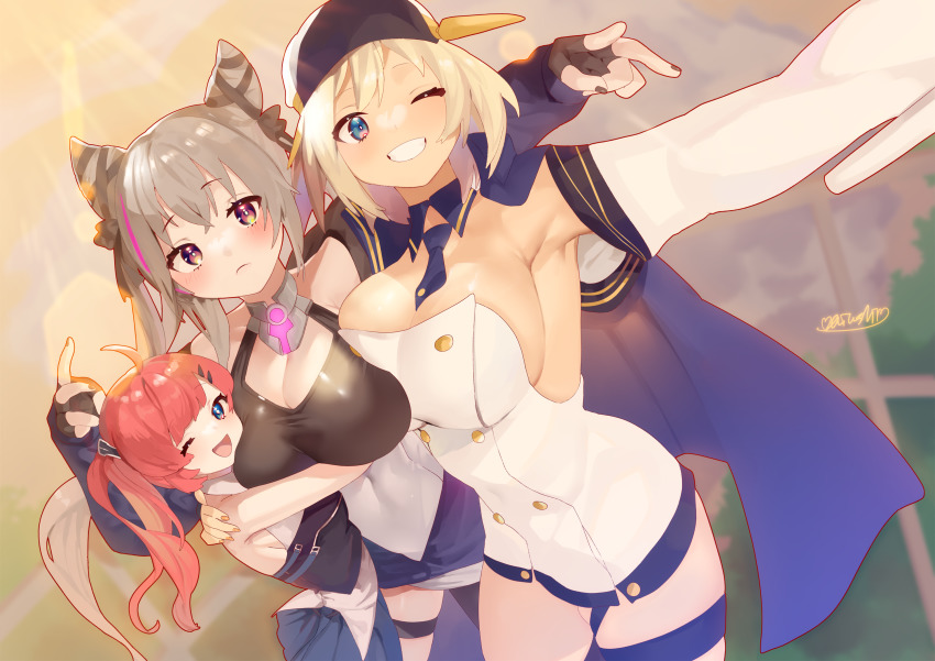 3girls aiushi_(lovecowjp) armpits artist_name azur_lane black_nails black_shirt blonde_hair blue_eyes blush breasts california_(azur_lane) cleavage closed_mouth covered_navel feet_out_of_frame grey_hair hair_ornament hair_ribbon hand_on_own_shoulder highres hug hug_from_behind jacket large_breasts long_hair looking_at_viewer medium_breasts multicolored_hair multiple_girls nail_polish one_eye_closed open_clothes open_jacket open_mouth orange_nails purple_eyes red_hair ribbon san_diego_(azur_lane) san_francisco_(azur_lane) shirt short_hair side_ponytail simple_background smile standing white_jacket