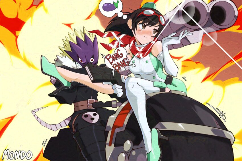 1boy 1girl bare_shoulders beelzebumon black_eyes black_hair black_jacket black_pants black_shirt blonde_hair blue_skin blush breasts colored_skin cropped_jacket digimon digimon_(creature) digimon_story:_time_stranger double_barrels dress explosion explosion_background eyewear_on_head green_dress green_high_heels gun high_heels highres holding holding_gun holding_weapon jacket large_breasts medium_hair motor_vehicle motorcycle pants riding shirt short_hair single_thighhigh sleeveless sleeveless_dress smirk sound_effects supermondobeat thighhighs third_eye two-tone_dress weapon white_dress white_thighhighs yuuki_kanan yuuki_kanan