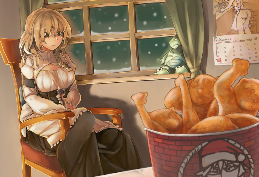 1girl apron ass black_skirt blonde_hair blouse braid breasts brown_hair calendar_(object) character_doll christmas cleavage_cutout closed_mouth clothing_cutout commentary cookie_(touhou) corset curtains dutch_angle feet_out_of_frame fried_food frilled_apron frills gen_2_pokemon glasses hat highres indoors inmu-kun juliet_sleeves kfc kirisame_marisa large_breasts lonely long_hair long_skirt long_sleeves manatsu_no_yo_no_inmu mars_(cookie) matsumaezuke_(nicoseiga53553856) morichika_rinnosuke naked_apron nintendo pokemon pokemon_(creature) puffy_sleeves remilia_scarlet sakura_(cookie) santa_hat shirt single_braid sitting skirt slow_loris snow snowing solo sponge_(cookie) stuffed_animal stuffed_toy touhou tyranitar waist_apron white_apron white_shirt window