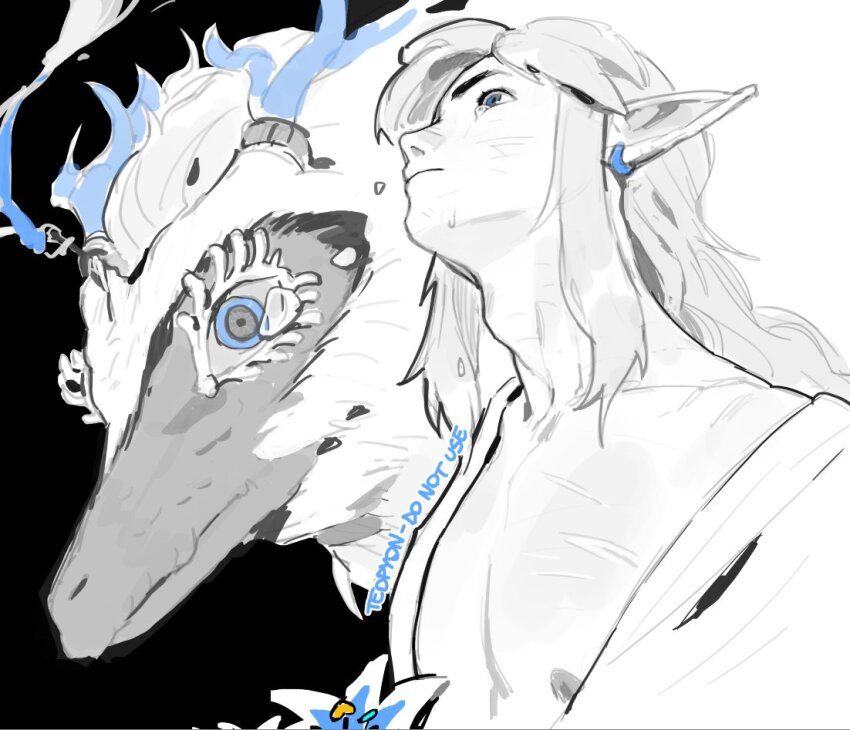 artist_name black_background blue_eyes blue_flower crying dragon dragon_horns earrings flower horns jewelry light_dragon_(zelda) link long_hair nintendo pointy_ears princess_zelda pyonteo sidelocks silent_princess spoilers swept_bangs tears the_legend_of_zelda the_legend_of_zelda:_breath_of_the_wild the_legend_of_zelda:_tears_of_the_kingdom upper_body