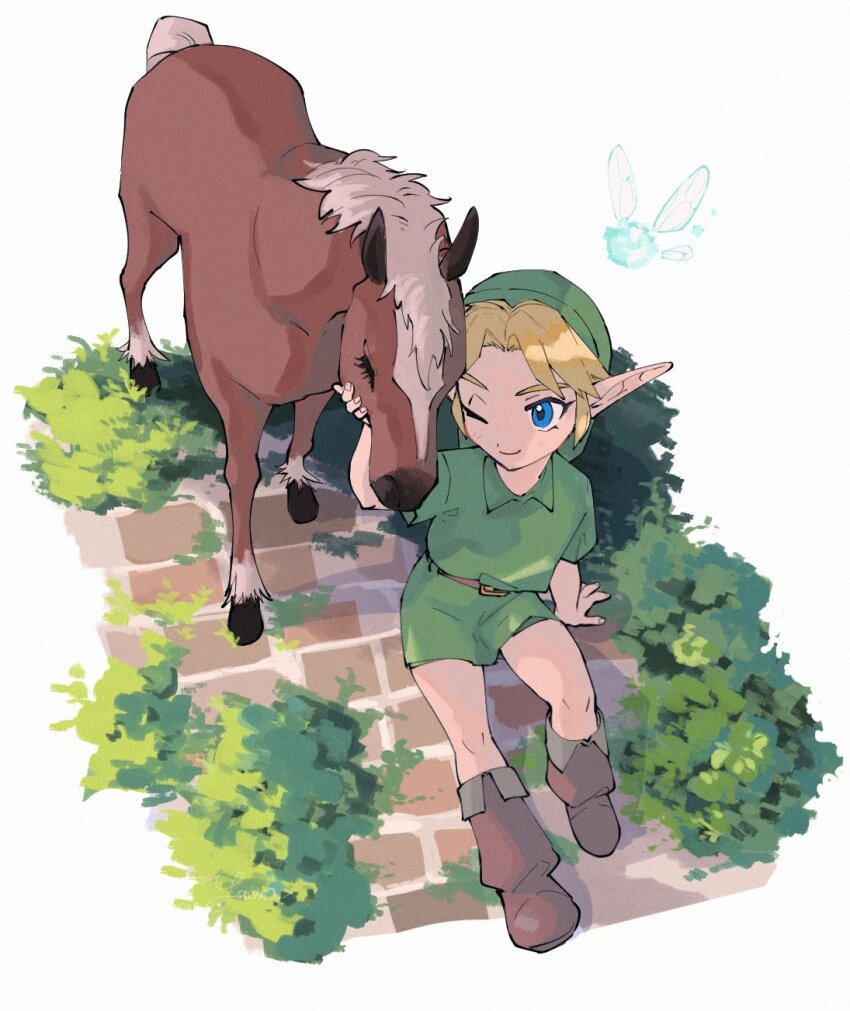 1boy ;) arm_support belt blonde_hair blue_eyes boots brick_floor brown_belt brown_boots collared_shirt commentary_request epona fairy from_above green_hat green_tunic hat highres horse link navi nintendo on_floor one_eye_closed pointy_ears shirt short_hair simple_background sitting smile solo the_legend_of_zelda the_legend_of_zelda:_ocarina_of_time tunic white_background yamori_(yamoooon21) young_link