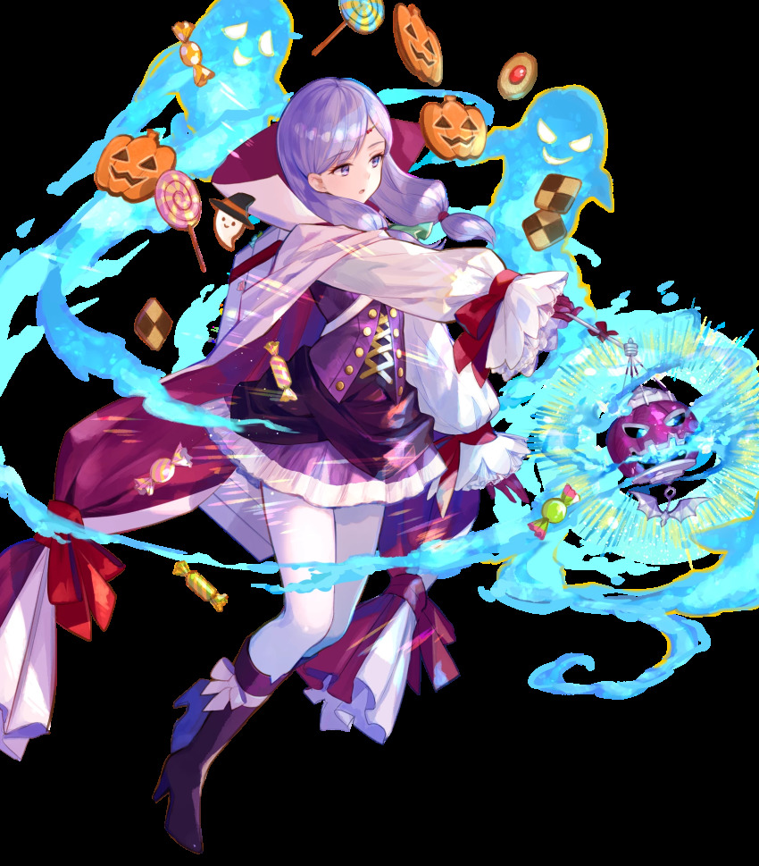 1girl alternate_costume boots bow breasts buttons candy cape circlet detached_sleeves dress female_focus fire_emblem fire_emblem:_path_of_radiance fire_emblem:_radiant_dawn fire_emblem_heroes food full_body fuzichoco gloves hair_ornament halloween_costume highres holding ilyana_(fire_emblem) ilyana_(halloween)_(fire_emblem) jewelry knee_boots long_hair long_sleeves looking_away medium_breasts nintendo official_art open_mouth pantyhose purple_boots purple_eyes purple_gloves purple_hair short_dress skirt solo transparent_background white_pantyhose
