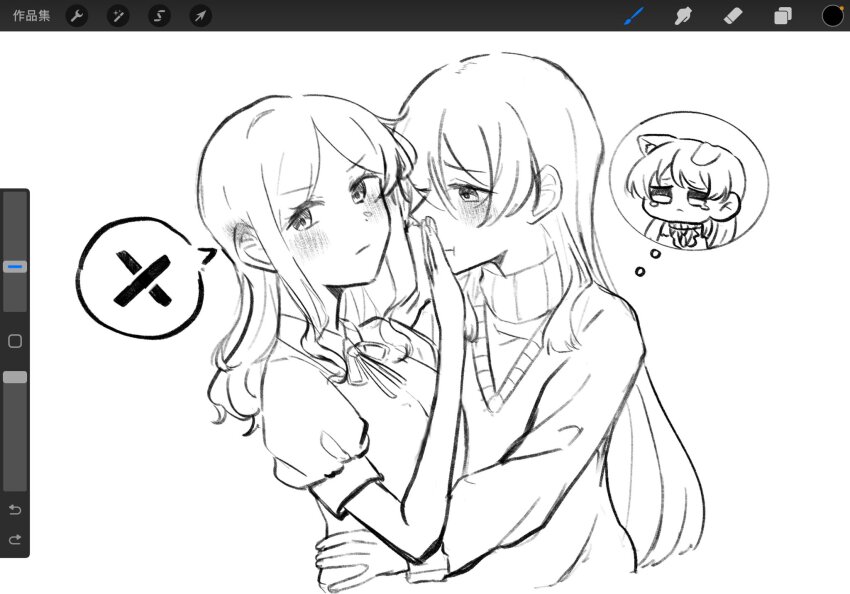 2girls animal_ears art_program_in_frame bang_dream! bang_dream!_it&#039;s_mygo!!!!! blush chihaya_anon closed_mouth covering_another&#039;s_mouth dog_ears greyscale hand_on_another&#039;s_waist highres kemonomimi_mode life_hater_art long_hair long_sleeves monochrome multiple_girls nagasaki_soyo short_sleeves speech_bubble spoken_x sweat thought_bubble yuri