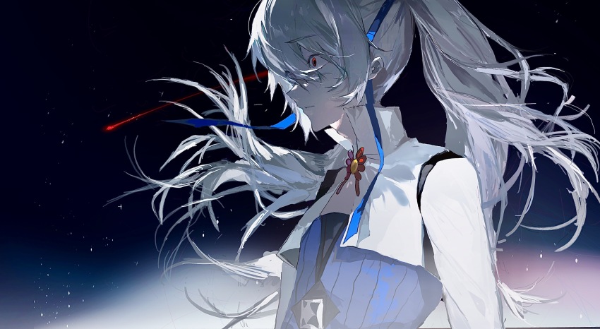 1boy absurdres blue_ribbon chinese_commentary closed_mouth comet commentary_request constricted_pupils hair_between_eyes hair_ribbon highres kuma_(yoooooooo152) long_hair long_sleeves male_focus ponytail red_eyes ribbon shrug_(clothing) solo star_(symbol) upper_body white_hair white_shrug wo_jia_dashi_xiong_naozi_you_keng yin_fei_xing