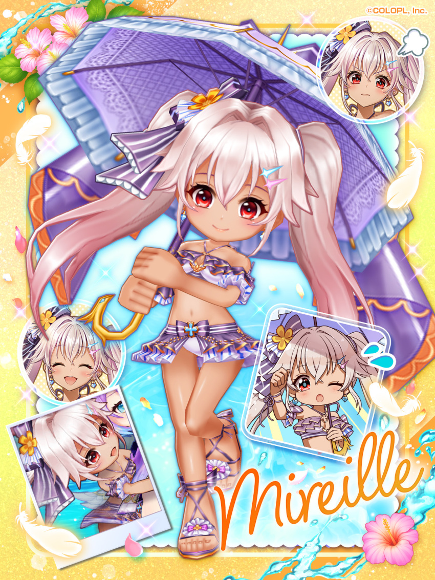 1girl 3d :d ^_^ angry animal_ears baizu_(guszx) bare_shoulders bikini blush bow breasts character_name chibi clenched_hand closed_eyes closed_mouth commentary_request dark-skinned_female dark_skin deformed earrings english_text feathers flower flying_sweatdrops frilled_bikini frills full_body hair_between_eyes hair_bow hand_up hibiscus highres holding holding_umbrella jewelry leg_up long_hair looking_at_viewer mireille_lerner navel official_art open_mouth petals pink_hair purple_bikini purple_bow red_eyes shironeko_project sidelocks signature small_breasts smile standing striped_bow swimsuit teeth thighhighs twintails umbrella upper_teeth_only v-shaped_eyebrows very_long_hair