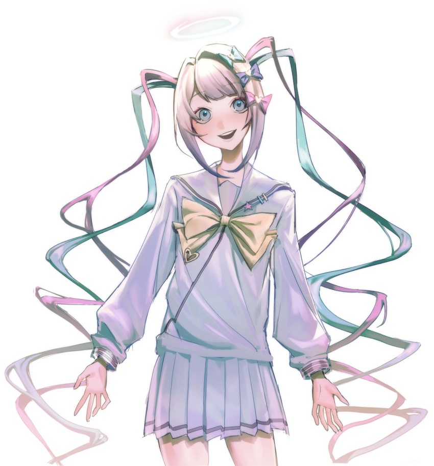 1girl blonde_hair blue_bow blue_eyes blue_hair blush bow chouzetsusaikawa_tenshi-chan commentary glowing glowing_halo hair_bow halo happy heart highres kyandii long_hair long_sleeves looking_at_viewer multicolored_hair multiple_hair_bows needy_girl_overdose open_mouth pale_color pink_bow pink_hair pleated_skirt purple_bow quad_tails sailor_collar school_uniform serafuku shirt sidelocks skirt smile solo standing twintails very_long_hair white_background white_halo yellow_bow