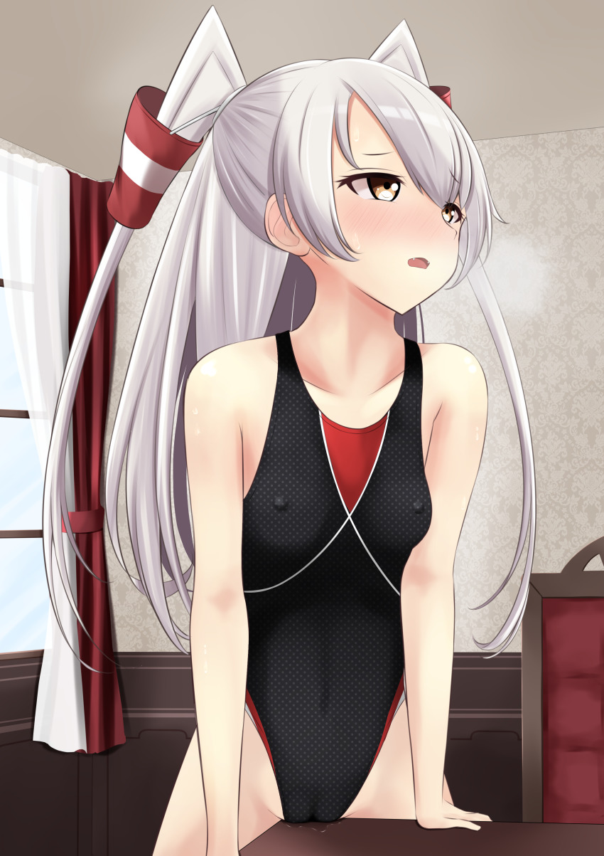 1girl absurdres amatsukaze_(kancolle) black_one-piece_swimsuit breasts breath brown_eyes cameltoe collarbone competition_swimsuit covered_erect_nipples covered_navel cowboy_shot crotch_rub female_masturbation hair_tubes highleg highleg_one-piece_swimsuit highres indoors kantai_collection long_hair masturbation nokonoko one-piece_swimsuit pussy_juice silver_hair small_breasts solo swimsuit table_humping two_side_up window