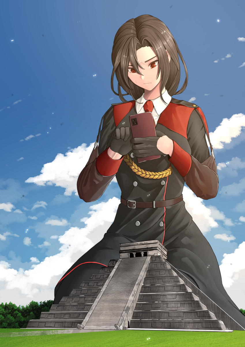 absurdres architecture artist_request black_dress black_gloves black_hair cellphone chichen_itza dress giant giantess girls&#039;_frontline gloves highres mesoamerican_architecture mexico military military_uniform mondragon_m1908_(girls&#039;_frontline) phone red_eyes