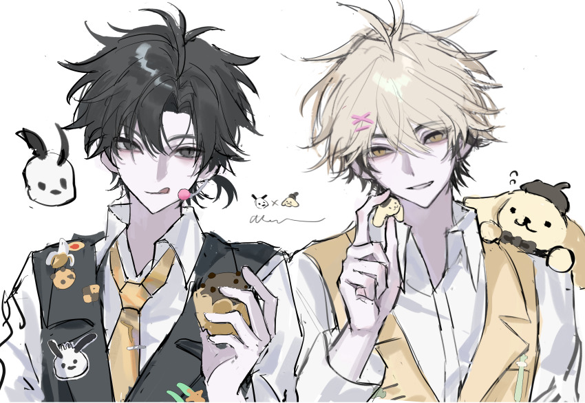 2boys :q absurdres black_eyes black_hair black_vest blonde_hair candy carralla36820 cheng_xiaoshi collared_shirt cookie cupcake dog earrings food hair_between_eyes hair_ornament hairclip highres holding holding_food jewelry lollipop long_sleeves looking_at_viewer male_focus multicolored_hair multiple_boys necktie pale_skin pochacco pompompurin ponytail sanrio shiguang_dailiren shirt short_hair short_ponytail simple_background sketch smile stuffed_toy tongue tongue_out upper_body vest white_background white_shirt xia_fei yellow_eyes yellow_necktie yellow_vest
