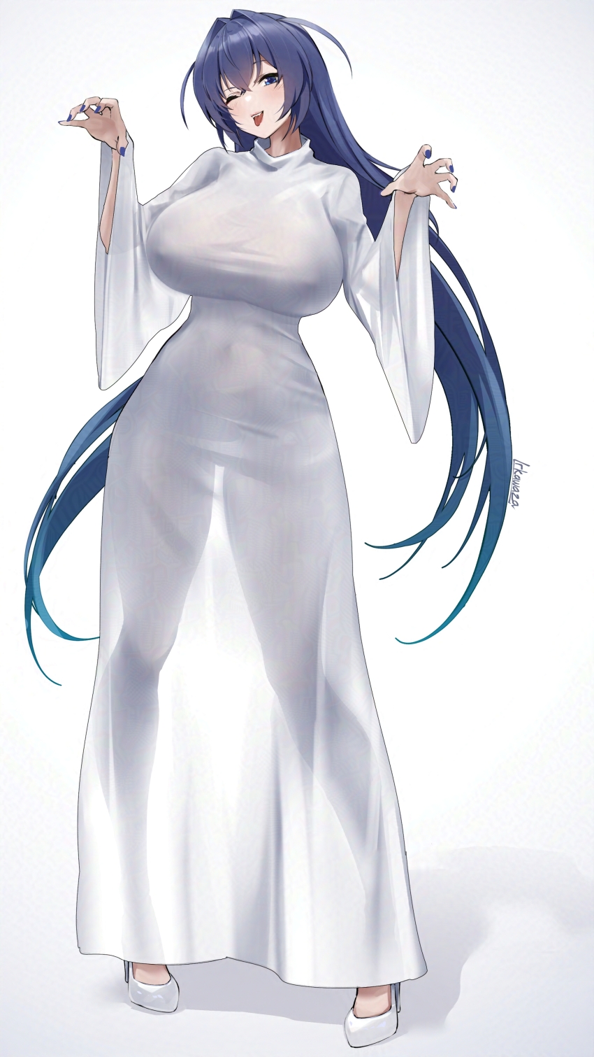 1girl absurdres azur_lane blue_eyes blue_hair blue_nails blush breasts claw_pose contrapposto covered_erect_nipples covered_navel curvy dress full_body ghost_costume hair_flaps hair_intakes halloween_costume hands_up high_heels highres huge_breasts irkawaza long_dress long_hair looking_at_viewer naked_costume new_jersey_(azur_lane) one_eye_closed see-through_silhouette sheet_ghost simple_background smile solo taut_clothes taut_dress tongue tongue_out very_long_hair white_background white_dress white_footwear wide_hips wide_sleeves