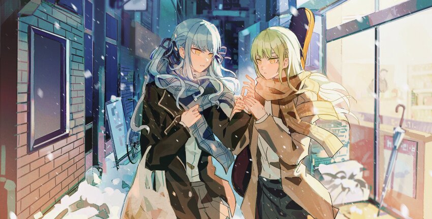 2girls :d :o absurdres bag bang_dream! bang_dream!_it&#039;s_mygo!!!!! black_jacket blue_hair blue_ribbon blue_scarf blue_skirt blurry brown_jacket building chinese_commentary city commentary_request convenience_store cowboy_shot curled_fingers depth_of_field fingernails grey_skirt grocery_bag hair_ornament hairclip hand_on_own_chest hand_up highres holding_another&#039;s_wrist holding_hands jacket lapels long_sidelocks looking_at_another multiple_girls night open_mouth outdoors plaid_clothes plaid_scarf ribbon scarf shirt shop shopping_bag side-by-side sidelocks skirt smile snow snowing store_clerk swept_bangs tangdemusi togawa_sakiko two_side_up umbrella wakaba_mutsumi white_shirt window