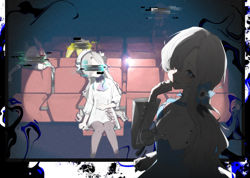 5girls absurdres anemone_(flower) ascot asymmetrical_bangs bar_censor beret blue_eyes calla_lily censored commentary_request dress evil_smile flat_screen_tv flower from_behind grey_hair hair_between_eyes hair_flower hair_ornament hand_on_own_chin hat heliotrope_(flower) highres holding holding_pen ink isekaijoucho kamitsubaki_studio long_hair long_sleeves looking_at_viewer looking_back medium_dress momori0118 multiple_girls multiple_persona nemophila_(flower) o-ring one_eye_covered pantyhose pen shaded_face sitting smile solo_focus standing stroking_own_chin sunflower television theater_seating virtual_youtuber
