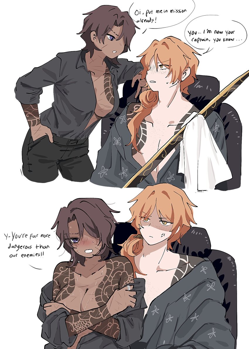 1boy 1girl arm_tattoo blonde_hair blue_eyes blush breasts brown_hair character_request cleaning cleaning_weapon cleavage collarbone dark-skinned_female dark_skin english_text genderswap green_eyes hands_in_pockets heathcliff_(project_moon) highres holding holding_sword holding_weapon ishmael_(project_moon) japanese_clothes jewelry katana kimono limbus_company long_hair ngancurindunia open_clothes project_moon ring scar shirt short_hair shoulder_tattoo simple_background speech_bubble sword tattoo weapon white_background