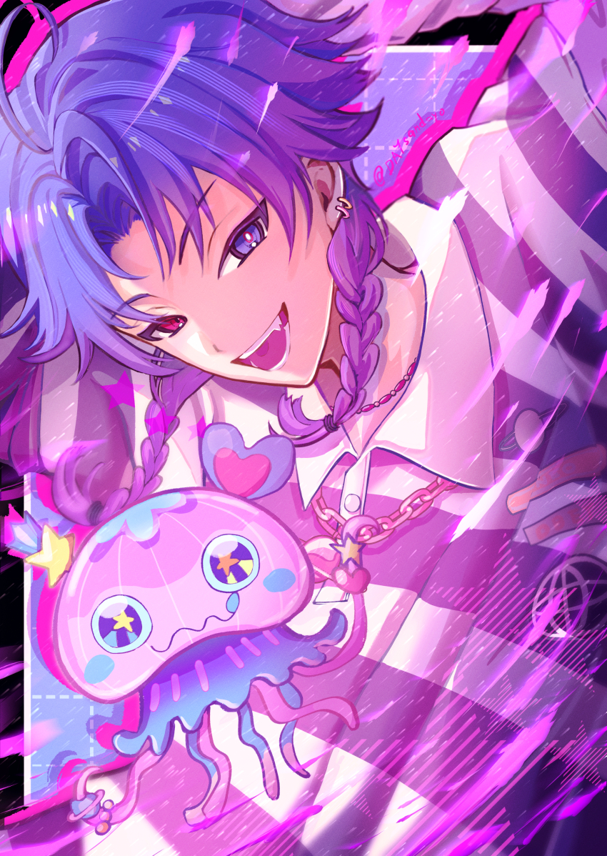 18trip 1boy absurdres bead_necklace beads braid chain chain_necklace daysandayo ear_piercing earrings fang gold_earrings heterochromia highres jellyfish jewelry long_sleeves looking_at_viewer male_focus necklace official_alternate_costume open_mouth piercing purple_hair smile striped_clothes twin_braids yowa_netaro