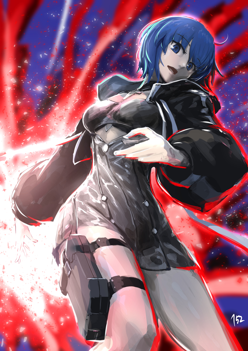 152_in_can 1girl absurdres bikini bikini_under_clothes black_bikini black_jacket blue_eyes blue_hair breasts c.i.e.l_(fate) mysterious_executor_c.i.e.l_(fate) ciel_(swimsuit_mooncancer)_(fate) ciel_(tsukihime) cropped_jacket cross cross_necklace dress_swimsuit fate/grand_order fate_(series) grey_one-piece_swimsuit highres jacket jewelry large_breasts long_sleeves looking_at_viewer necklace one-piece_swimsuit open_mouth short_hair smile solo swimsuit thighs