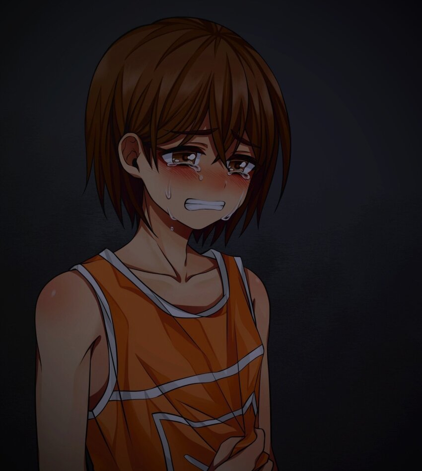 1boy bare_arms bare_shoulders black_background blush brown_eyes brown_hair clenched_teeth collarbone commentary crossed_bangs crying crying_with_eyes_open english_commentary from_side hair_between_eyes hands_on_own_stomach highres kel_(faraway)_(omori) kel_(omori) linglanjunying male_focus nose_blush omori orange_tank_top short_hair simple_background solo tank_top tears teeth upper_body white_trim