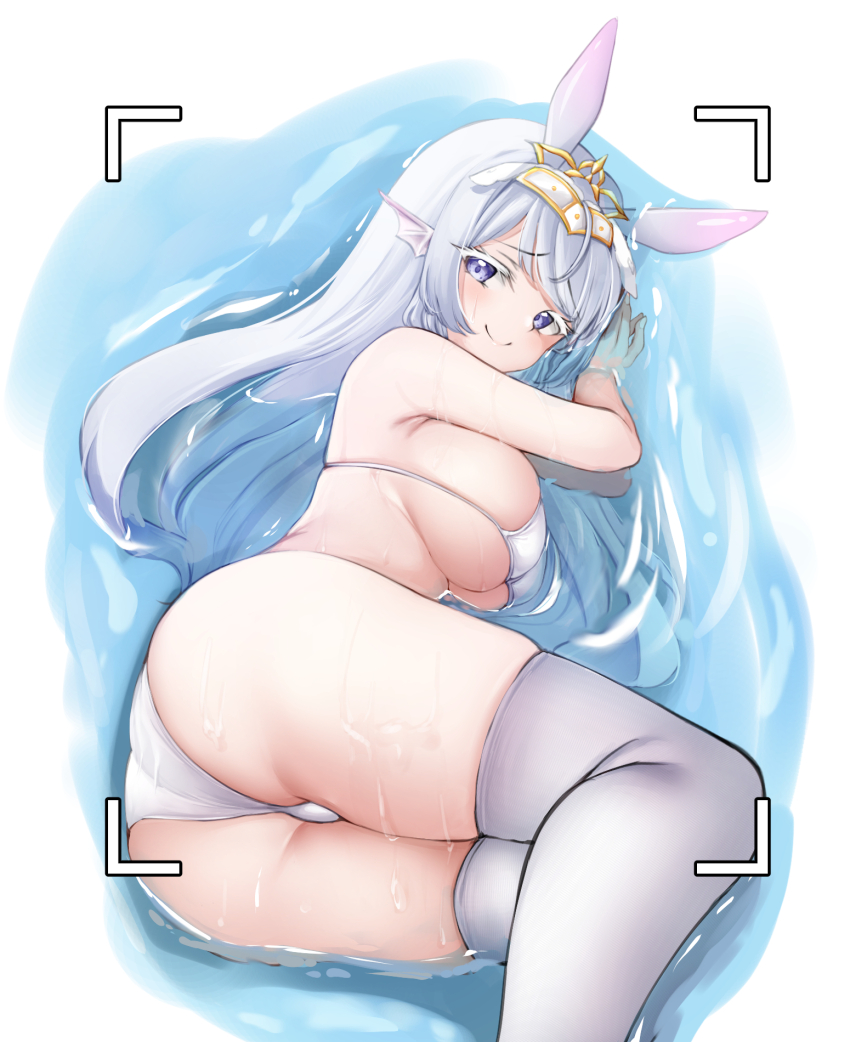 1girl animal_ears ass bare_arms bare_shoulders benedia bikini breasts closed_mouth feet_out_of_frame fins hands_up head_fins headdress highres large_breasts long_hair looking_at_viewer lying on_side purple_eyes rabbit_ears sideboob skindentation smile solo string_bikini swimsuit thighhighs thighs vanguard_(warship_girls_r) viewfinder warship_girls_r water wet white_bikini white_hair white_thighhighs