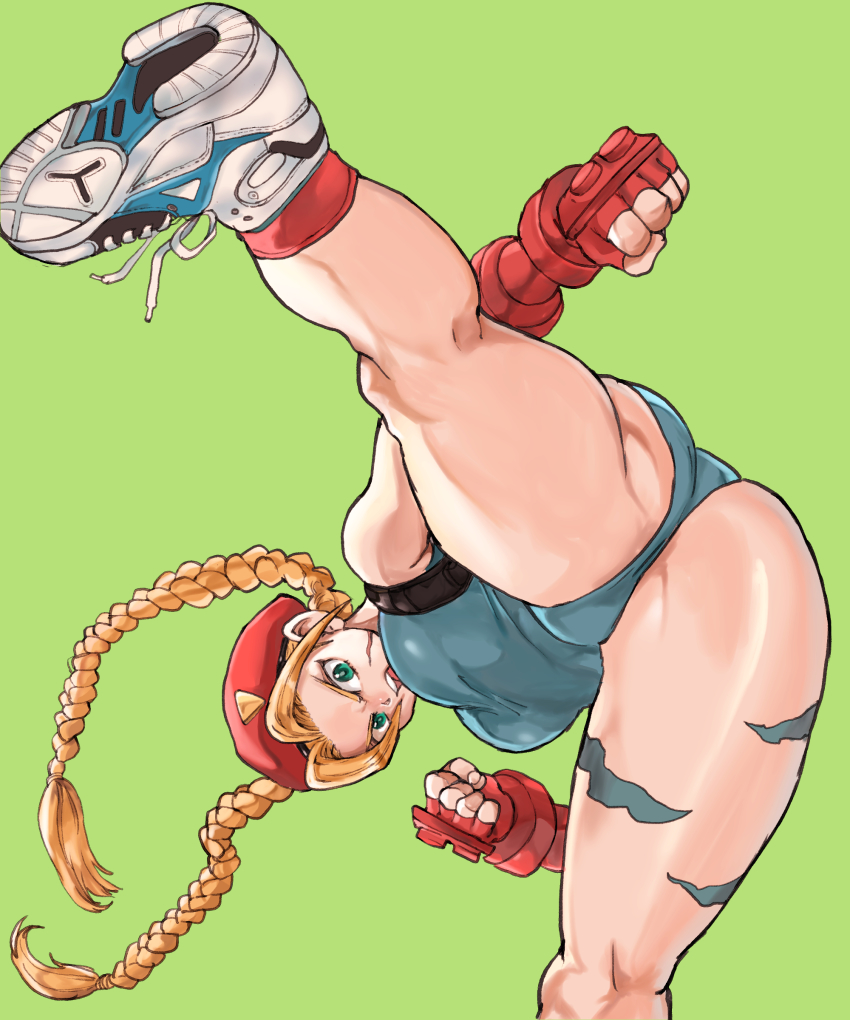 1girl absurdres ass blonde_hair blue_eyes bodypaint braid cammy_white capcom gloves green_background hair_ornament hairclip hajime_(kuninotokotatinokami) hat highres kicking leg_up leotard red_socks shoes sneakers socks street_fighter twin_braids twintails