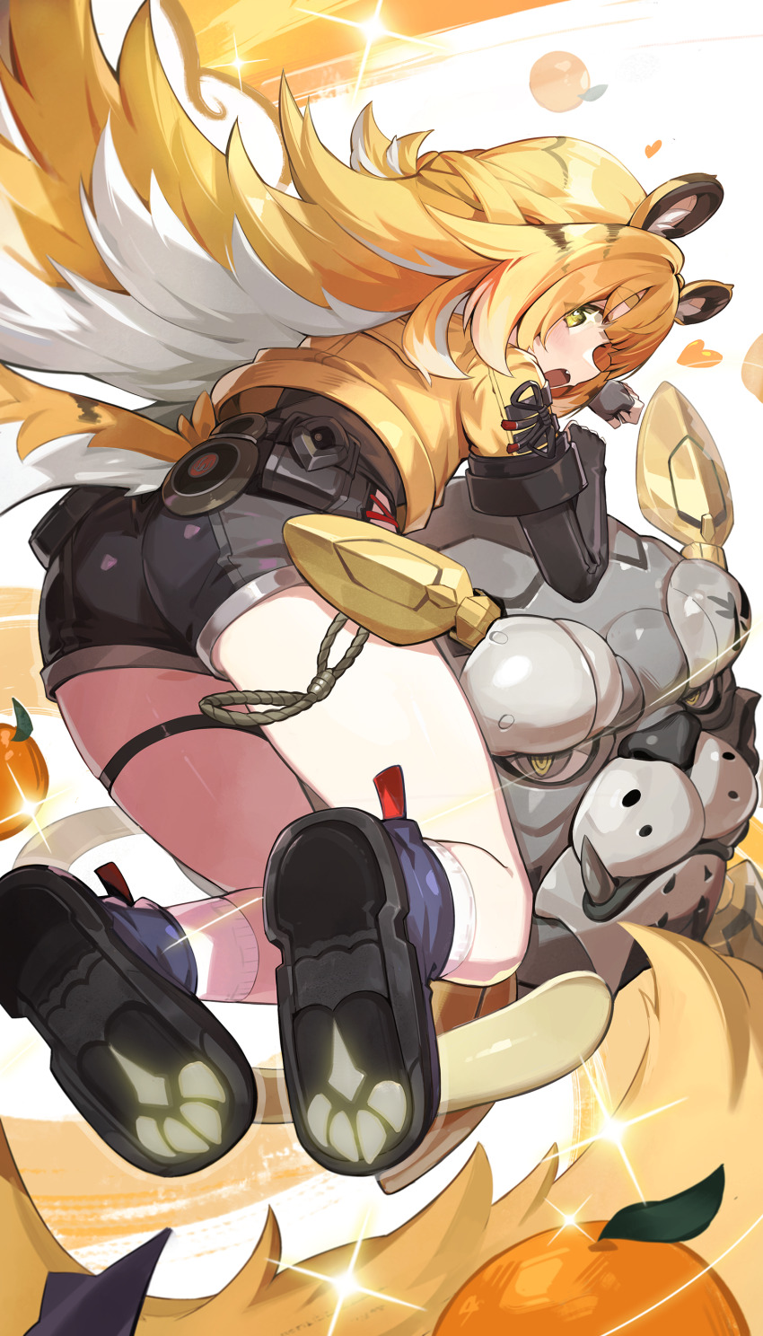 1girl absurdres animal_ears ass belt black_gloves black_shorts blonde_hair blush breasts colored_inner_hair cropped_jacket elbow_gloves fingerless_gloves gloves goomrrat green_eyes high-waist_shorts highres jacket ju_fufu long_hair looking_at_viewer looking_back multicolored_hair short_sleeves shorts small_breasts solo striped_hair tail thigh_strap tiger_ears tiger_girl tiger_tail white_hair yellow_jacket zenless_zone_zero