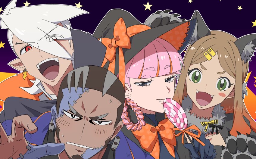 2boys 2girls animal_ears animal_hands beard black_hair blunt_bangs brown_hair candy cape cat_ears cat_paws claw_pose closed_mouth cosplay dark-skinned_male dark_skin dracula dracula_(cosplay) facial_hair fang food frankenstein&#039;s_monster frankenstein&#039;s_monster_(cosplay) friede_(pokemon) green_eyes hair_ornament halloween halloween_costume hat highres lollipop looking_at_viewer mollie_(pokemon) multicolored_hair multiple_boys multiple_girls murdock_(pokemon) nintendo object_through_head open_mouth orla_(pokemon) pink_hair pokemon pokemon_(anime) pokemon_horizons screw_in_head shirt short_hair smile sodano_(fwr5927) vampire_costume witch witch_hat yellow_eyes zooming_in