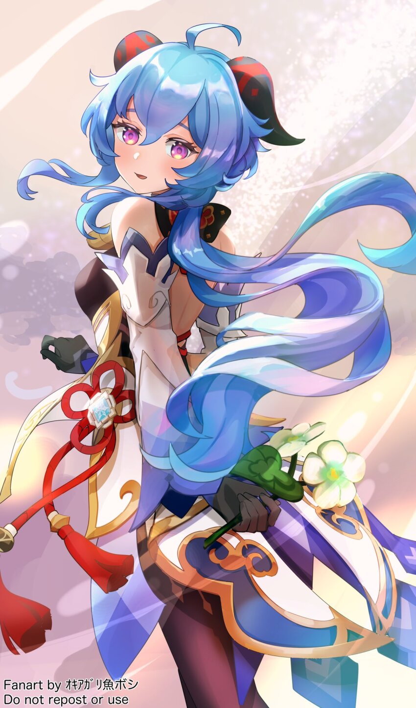 1girl ahoge bare_shoulders bell black_gloves black_pantyhose blue_hair blush breasts detached_sleeves flower ganyu_(genshin_impact) genshin_impact gloves goat_horns hair_between_eyes highres holding holding_flower horns long_hair looking_at_viewer medium_breasts neck_bell okkobc open_mouth pantyhose purple_eyes solo tassel