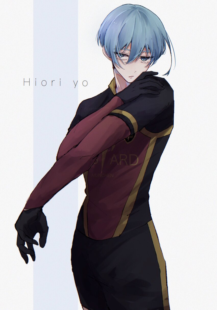 1boy black_gloves black_shirt black_shorts blue_eyes blue_hair blue_lock character_name closed_mouth collared_shirt cowboy_shot famichanarea gloves hand_up highres long_sleeves looking_at_viewer male_focus red_shirt shirt short_hair shorts soccer_uniform solo sportswear standing two-tone_shirt white_background you_hiori