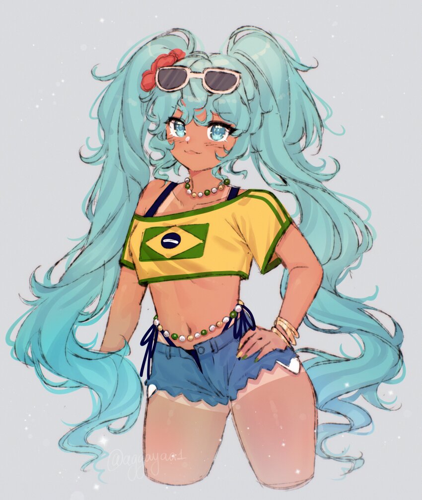 1girl absurdres aggaya aqua_eyes aqua_hair bead_choker beads belly_chain bikini bikini_under_clothes black_bikini blush bracelet brazilian_flag brazilian_flag_print brazilian_miku cowboy_shot exposed_pocket flag_print flower green_nails grey_background hair_flower hair_ornament hand_on_own_hip hatsune_miku highres jewelry long_hair midriff multiple_bracelets navel print_shirt shirt short_shorts short_sleeves shorts shorts_tan simple_background smile solo swimsuit tan tanline twintails very_long_hair vocaloid yellow_nails yellow_shirt