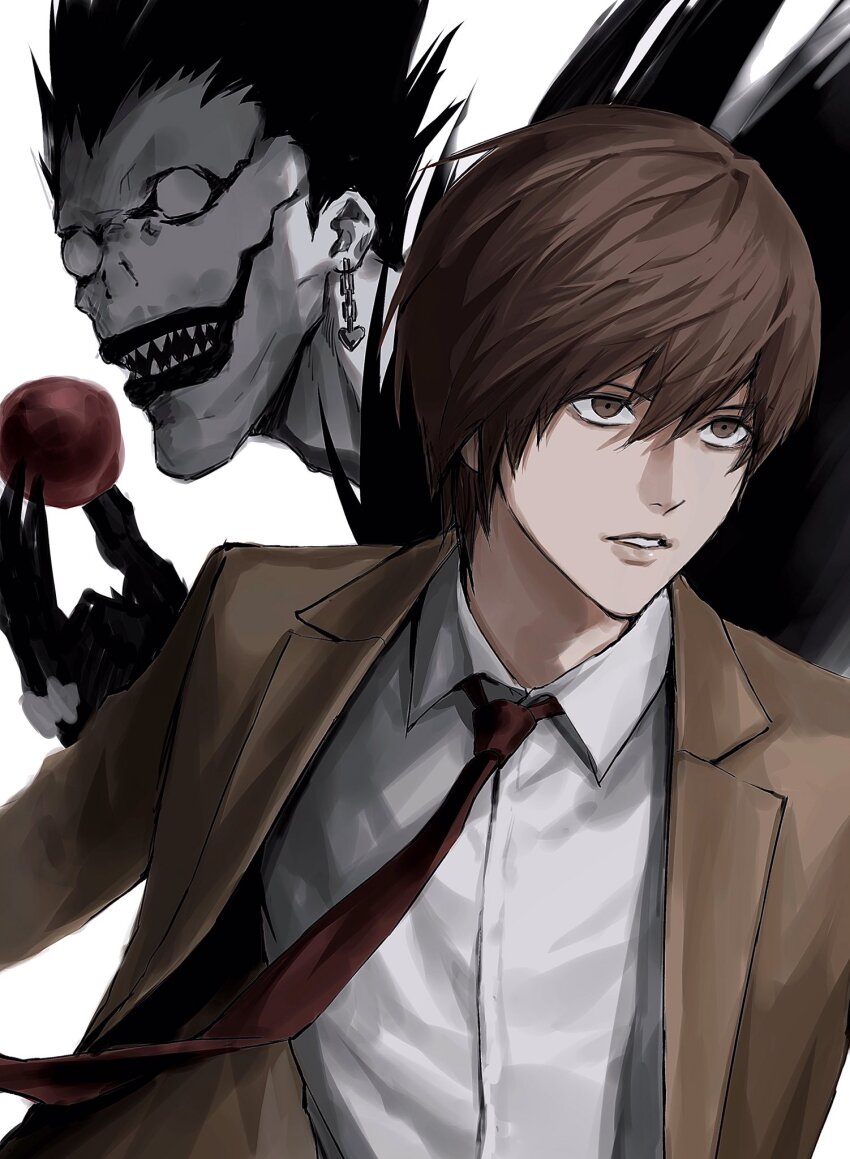 2boys apple black_hair brown_eyes brown_hair brown_jacket collared_shirt death_note demon_boy earrings fingernails food fruit hair_between_eyes highres holding holding_food jacket jewelry lapels long_sleeves looking_ahead male_focus multiple_boys necktie notched_lapels open_clothes open_jacket parted_lips red_necktie ryuk sharp_fingernails sharp_teeth shirt short_hair sso_s teeth white_background white_eyes white_shirt widow&#039;s_peak wing_collar yagami_light