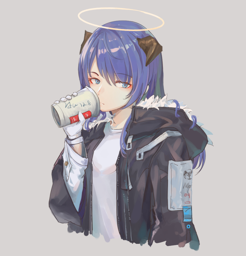 1girl arknights black_jacket blue_eyes blue_hair closed_mouth cup disposable_coffee_cup disposable_cup drinking eyes_visible_through_hair fur_trim gloves grey_background halo horns jacket kuweichuanxin_jr long_hair long_sleeves looking_away mostima_(arknights) shirt simple_background solo white_gloves white_shirt zipper