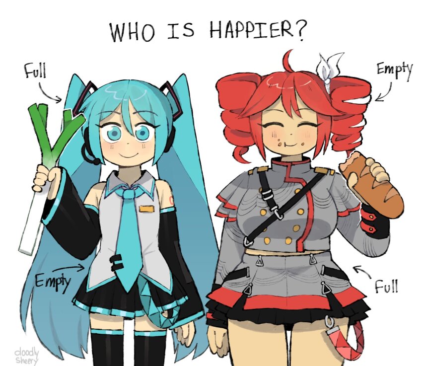2girls :t ahoge aqua_eyes aqua_hair aqua_necktie aqua_trim arrow_(symbol) artist_name baguette belt belt_skirt black_skirt black_sleeve_cuffs black_sleeves black_thighhighs bread breasts buttons closed_eyes closed_mouth cropped_jacket detached_sleeves double-breasted drill_hair eating english_text facing_viewer fatass_teto_(meme) food food_on_face grey_jacket grey_skirt hair_ribbon hatsune_miku headset highres holding holding_food jacket kasane_teto kasane_teto_(sv) layered_skirt light_blush long_hair looking_at_viewer medium_breasts medium_hair meme midriff_peek mitsuko_tan multicolored_skirt multiple_girls musical_staff musical_staff_print necktie number_tattoo pleated_skirt plump red_hair red_skirt red_trim ribbon shirt shoulder_belt shoulder_boards shoulder_tattoo skirt sleeveless sleeveless_shirt smile spring_onion standing synthesizer_v tattoo thighhighs twin_drills twintails utau very_long_hair vocaloid white_ribbon white_shirt